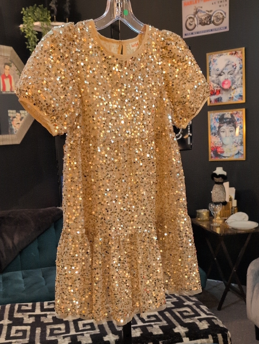 Cat & Jack Gold Sequin Short Sleeve Party Dress